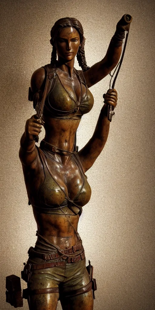 Prompt: detailed photo of an old bronze patina statue of beautiful lara croft posing for a full body portrait, photorealism, intricate detail, museum diffuse lighting