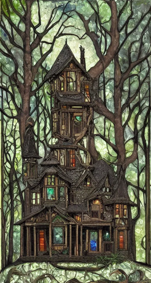 Image similar to victorian house made of wood in a dark forest with obsidian trees and Opal flowers, jade, lapis, eerie, painting