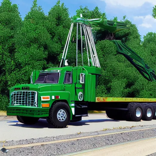 Prompt: Photo realistic forest green 1989 Freightliner cabover semi with a dragline crane on a flatbed trailer