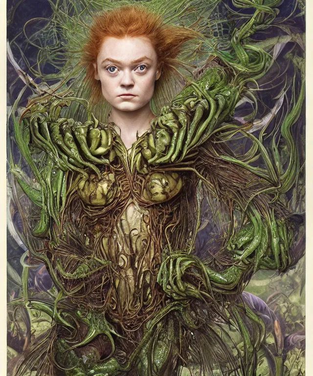 Prompt: a portrait photograph of a fierce sadie sink as an alien harpy queen with slimy amphibian skin. she is trying on evil bulbous slimy organic membrane fetish fashion and transforming into a succubus insectoid amphibian. by donato giancola, walton ford, ernst haeckel, brian froud, hr giger. 8 k, cgsociety