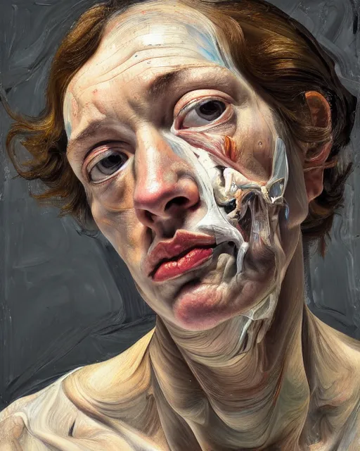 Prompt: a overhead close up portrait a very ordinary woman with a blank expression, facing front, looking up, by Lucian Freud and Jenny Saville, oil painting, anatomically correct, beautiful perfect face, sharp focus, Highly Detailed, Cinematic Lighting, 8k, HD