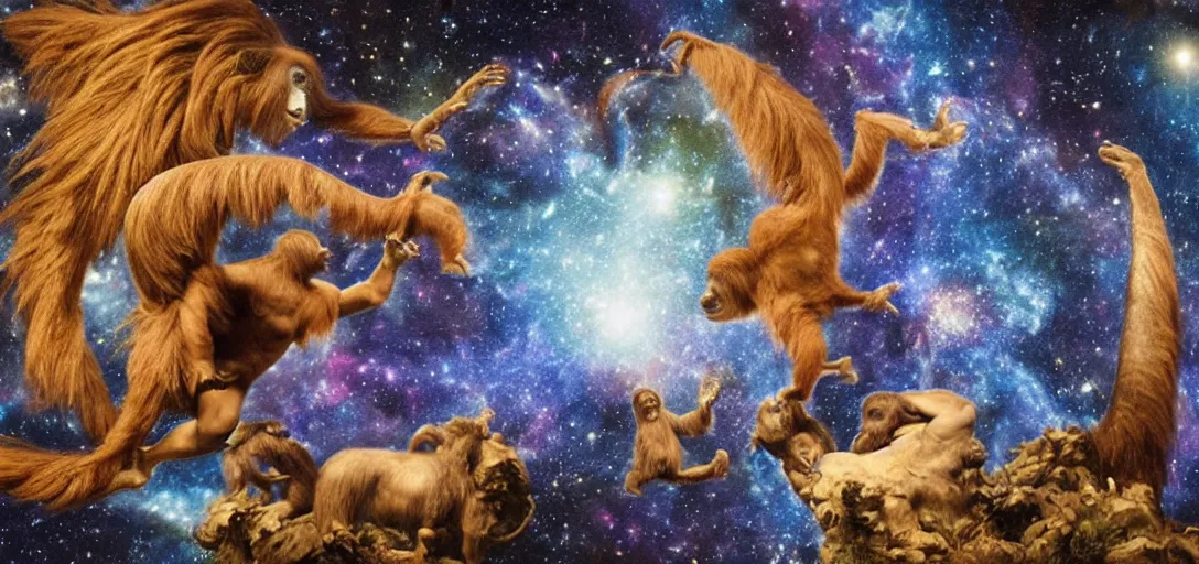 Prompt: Large diorama, celestial Beata Ludovica Albertoni, galaxy background, with an orangutan floating by in a heroic pose