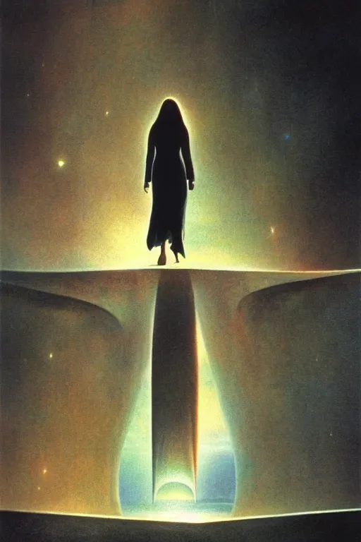 Image similar to emissary space by arthur haas and bruce pennington and john schoenherr, cinematic matte painting, zaha hadid building, photo realism, dark color palate, woman walking alone,