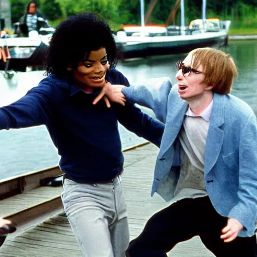 Prompt: Michael Jackson pushing Stephen Hawking off a dock