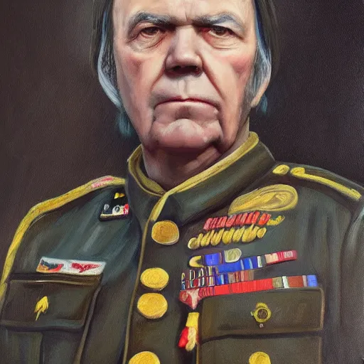 Prompt: “Oil painting of Neil Young as a World War 1 general, 4k”