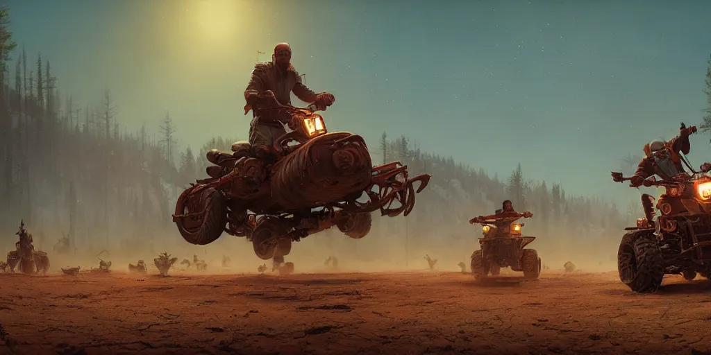 Image similar to indian on wooden native atv attacking bufallos, action scene, an epic fantasy, dramatic lighting, cinematic, establishing shot, extremely high detail, photorealistic, cinematic lighting, artstation, octane render, by simon stalenhag, horizon forbidden west and western