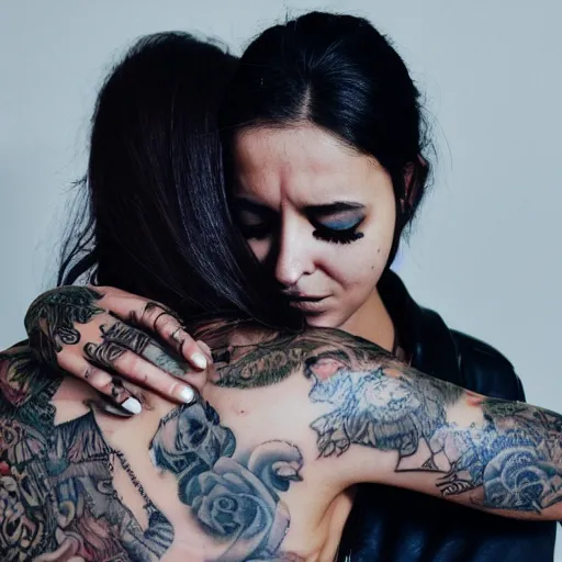 Image similar to Hot young woman, grey skin, void eyeballs, tattoos, wearing a leather jacket, hugging a shrouded person as they cry on her chest, comforting, touching, wholesome, art, big sister, little brother, 4k