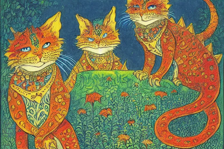 Image similar to a fantasy illustration, Castle of the lizard king by Louis Wain (1920)