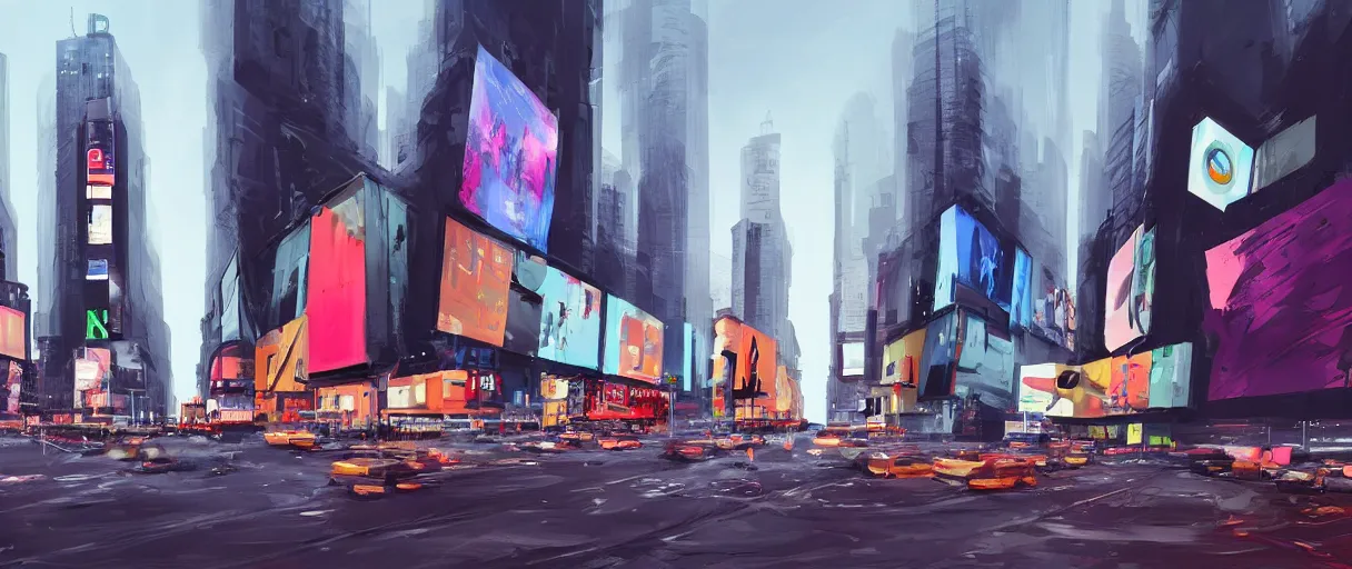 Image similar to huge modern downtown city, billboards, advertisements, Times Square, small buildings, dark, concept art, digital painting, style of Ian Hubert, warm lighting, futuristic, volumetric lighting, street view, daytime, godrays , high detail