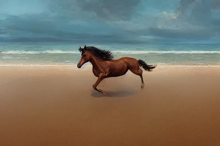 Prompt: a horse running on the beach by greg rutkowski, golden ratio