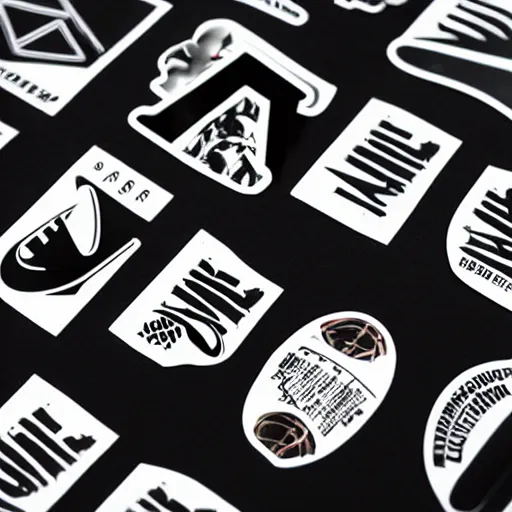 Prompt: black on white graphic design stickers in style of david rudnick, eric hu, acid, y 2 k, brutalism, nike