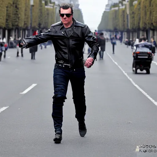 Prompt: T-800 walks in the avenue des champs elysée