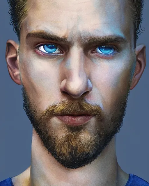 Prompt: portrait of a man in his mid - twenties with dull blue eyes, curly blond hair, short goatee, ultra realistic, epic, highly detailed, hd, sharp focus, cinematic lighting, realistic, dreamy, vivid colors, dreary, morose, matt painting, digital art, non blurry, sharp, artstation, concept art, smooth, comic book style, illustration