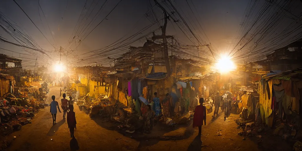 Prompt: AJEGUNLE SLUMS of Lagos surrounding large UFO within NEON rays of light, photographed by Martha Cooper, wide angle, Gold hour light,