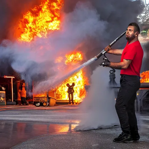 Image similar to Miguel Díaz Canel fighting a giant fire with a extinguisher photorealistic 4K studio photo