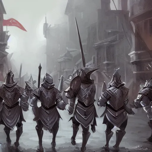 Image similar to Concept art of a group of knights marching through a town, hyper realistic art style, outstanding visuals, wide shot, foggy, fantasy inspired, extreme detail, award winning