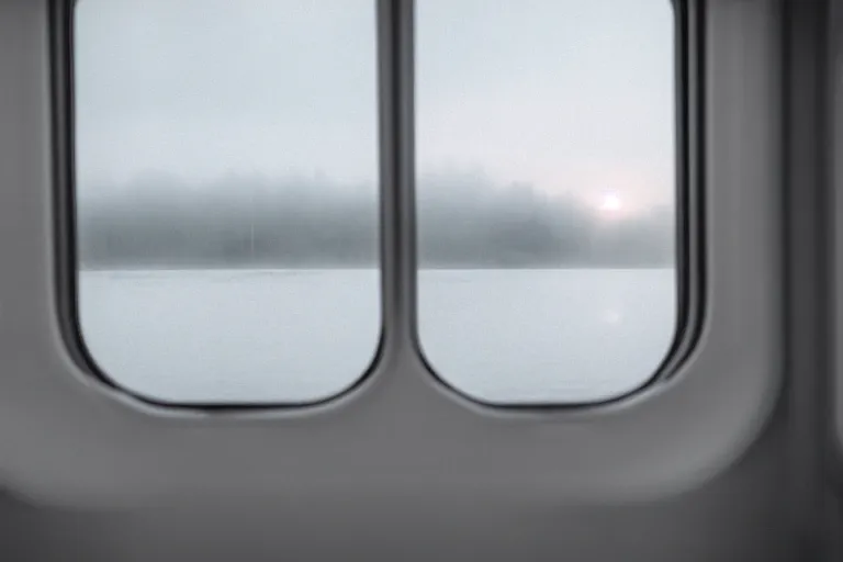 Image similar to looking out from the window of a train that is sailing on the water, the windows are fluttering with transparent gauze curtains, the sun shines in, fog and swans over the river, cinematic, 8k, masterpiece, light effect, ue5, photoshop