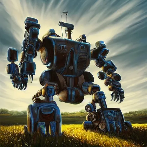 Prompt: A giant stainless steel mech robot in a field, beautiful, cool dynamic lighting, atmospheric, cinematic, highly detailed digital art, painted by Scott Musgrove