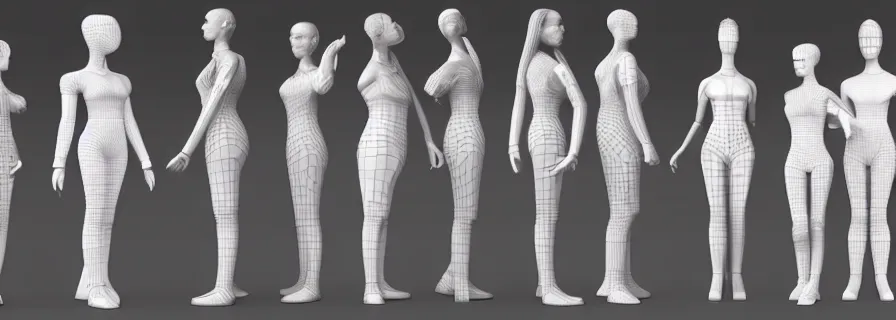 Prompt: pattern of anthropomorphic 3 d female models accompanying artificial intelligence