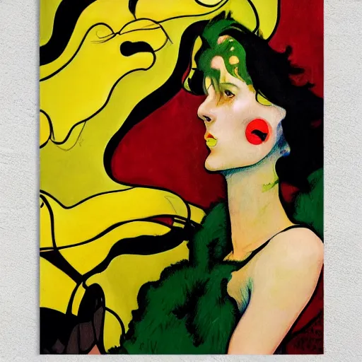 Image similar to art by joshua middleton, the creeper, a tall manically smiling yellow - skinned man with green and black striped trunks and wearing a red feather boa, mucha, kandinsky, poster, comic art, stylised design