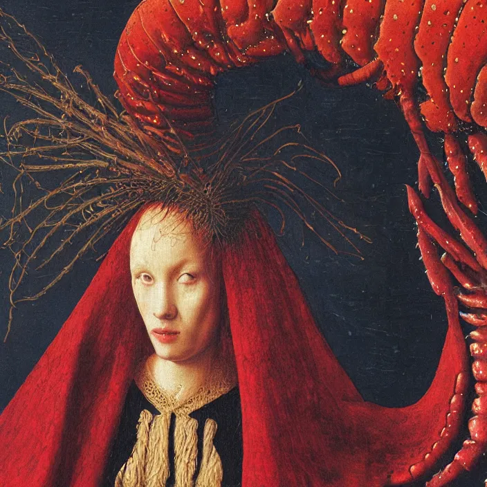 Image similar to a closeup portrait of a cloaked woman floating next to a lobster nebula, lobster nebula, by jan van eyck