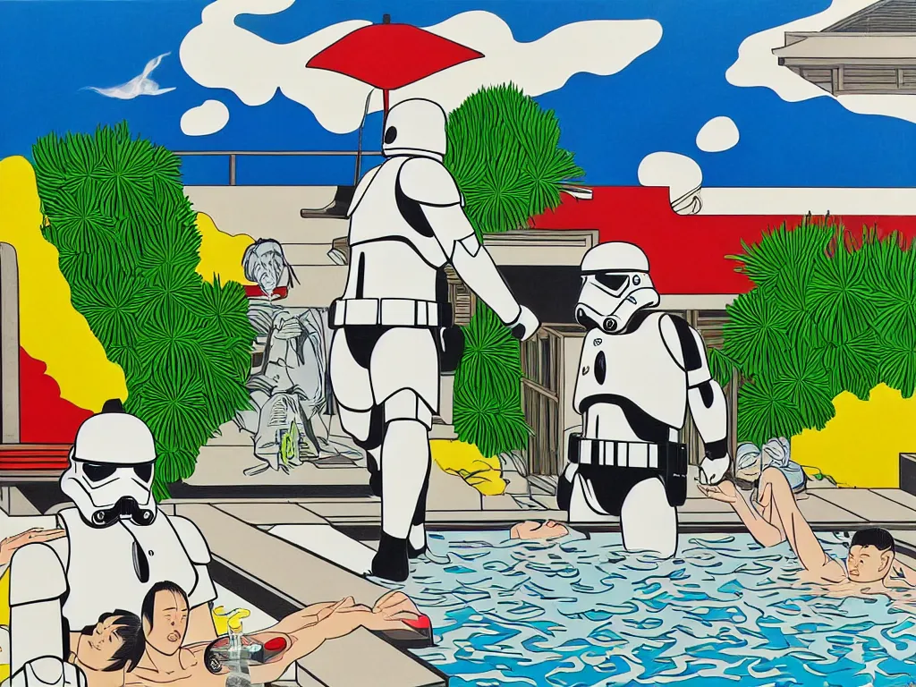 Prompt: hyperrealism composition of the japanese house with a hot springs in the garden, two detailed stormtroopers bathe in a hot spring, pop - art style, jacky tsai style, andy warhol style, roy lichtenstein style, acrylic on canvas