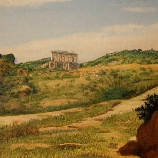 Image similar to a very detailed painting of a hill, ancient rome stands behind it in the distance, thick brush strokes, visible layers of paint.