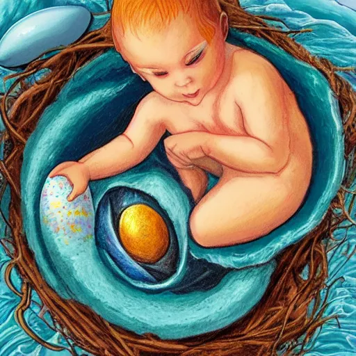 Image similar to baby mermaid next to a cracked egg in a nest, realistic, high detailed, fantasy art