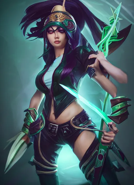 Image similar to akali, from league of legends, green daggers, hyper detailed, digital art, trending in artstation, cinematic lighting, studio quality, smooth render, unreal engine 5 rendered, octane rendered, art style by klimt and nixeu and ian sprigger and wlop and krenz cushart