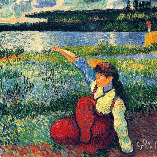 Prompt: young woman dreaming of bubbles and fish, concept art, gouache, camille pissarro, van gogh, wide shot