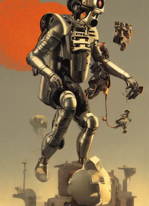 Image similar to flying human smiling in suit with conic helmet and jetpacks attached to arms and legs, against dark background, fluid, smooth, organic, crazy, high contrast, sharpness, dramatic, by greg rutkowski and siudmak and richard corben and moebius