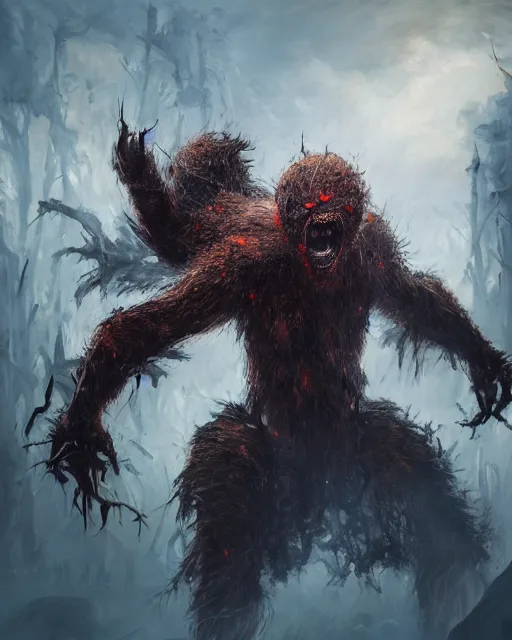 Prompt: oil painting of Angry Anthropomorphized Spider Berserker, wearing fur armor, claws, sharp focus, attack pose, fantasy style, octane render, volumetric lighting, 8k high definition, by greg rutkowski, highly detailed, trending on art Station, magic the gathering artwork, burning Battlefield background, centered