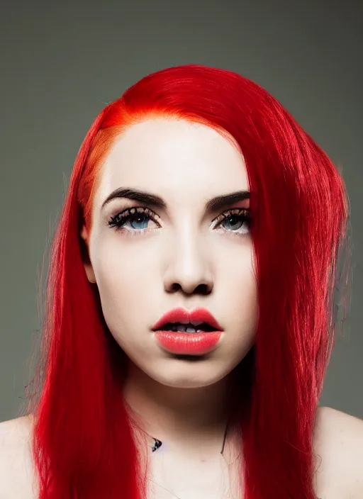 Image similar to ava max bright red hair photographed by charlotte rutherford, canon, highly realistic. high resolution. highly detailed. dramatic. 8 k. 4 k.