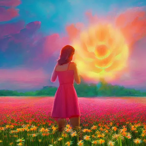 Prompt: large daisy flower as head, full body girl standing in a flower field, surreal photography, sunrise, dramatic light, impressionist painting, colorful clouds, digital painting, artstation, simon stalenhag