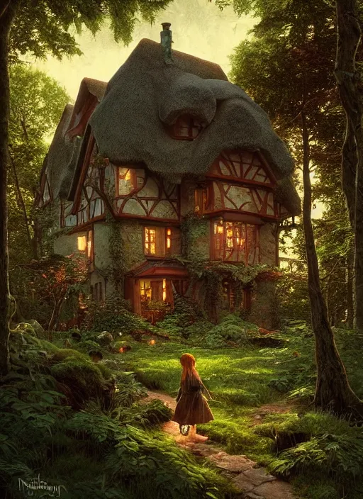 Image similar to hyper realistic homely witch cottage with random architectural styles, in the woods gorgeous lighting, highly detailed, lush forest painting by norman rockwell, james gurney zdzisław beksinski and norman rockwell and greg rutkowskiweta octane render