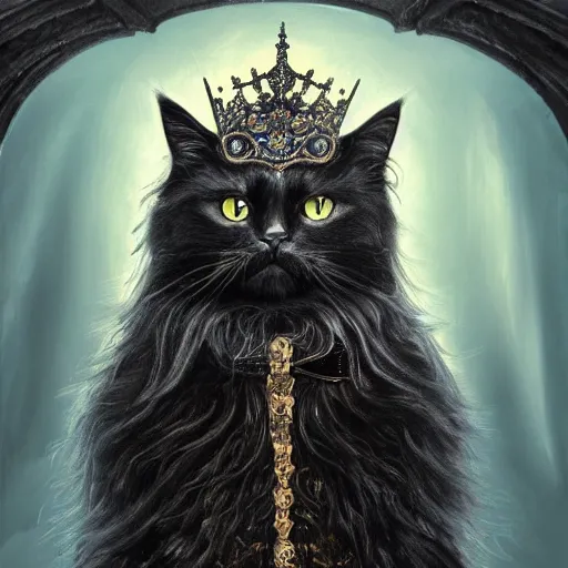 Image similar to an oil painting portrait of a long haired fluffy black Cat wearing medieval royal robe and an ornate crown on a dark space background digital Art, concept Art, highly detailed, 3-D 4K, trending on art station, Mark Brooks,