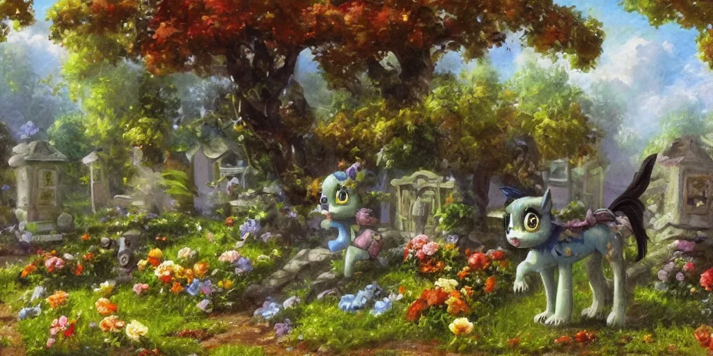 Image similar to 3 d littlest pet shop horse, spooky, graves, stars, crypt, flowers, storm, blues, greens, teals, master painter and art style of noel coypel, art of emile eisman - semenowsky, art of edouard bisson