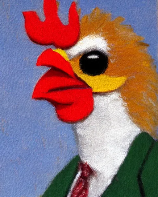 Image similar to a high quality photo of a chicken wearing a suit, impressionism, 8 k