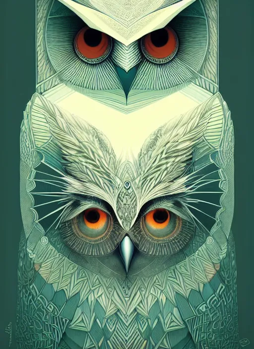 Image similar to portrait of a geometric owl, identical eyes, medium shot, illustration, full body made of white feathers, symmetrical, art stand, super detailed, cinematic lighting, and its detailed and intricate, gorgeous, by peter mohrbacher