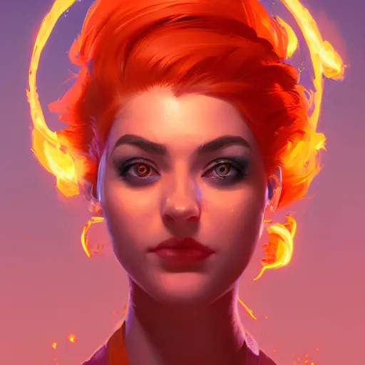 Image similar to portrait of beautiful woman with flaming orange hair, maya ali mage, gloomhaven, dynamic lighting, gaudy colors, octane render aesthetic, matte painting concept art, official fanart behance hd artstation by jesper ejsing, by rhads and makoto shinkai and lois van baarle and ilya kuvshinov and rossdraws