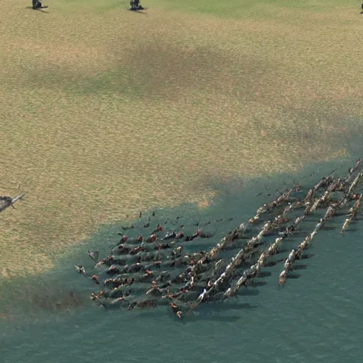 Prompt: birds eye view of the normandy landing in the style of saving private ryan and age of empires