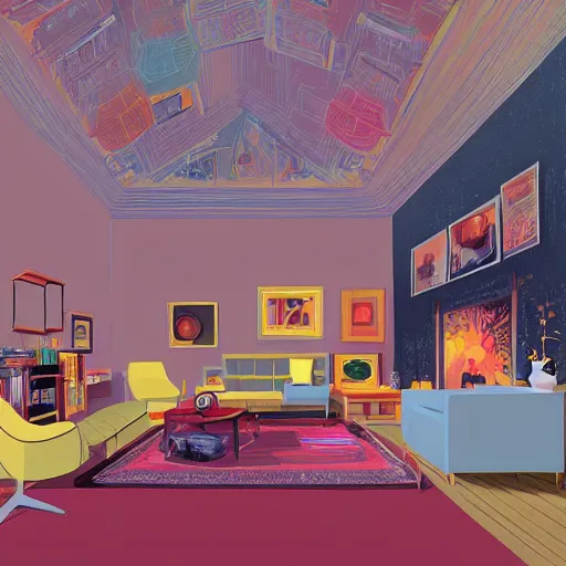 Prompt: illustration of a living room where there is a lot of painting canva displayed on the walls, by Victo Ngai and James Gilleard and Bruce Pennington