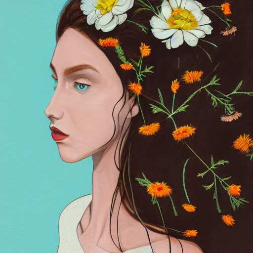 Image similar to Woman against a background of flowers, they are intertwined in her hair, the color of her hair white, coral lips and brown skin, she is in a white satin dress, photorealism style