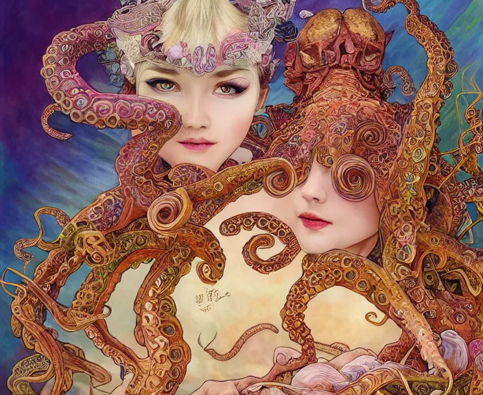 Image similar to portrait of an octopus goddess, full body shot, rule of thirds, wide angle, amazing landscape in background, magic realism, fantasy, whimsical, horror, art by riot games and chengwei pan and josephine wall and amanda sage and alphonse mucha, intricately detailed, highly detailed, luxurious, elegant, clean, unsettling, trending on artstation