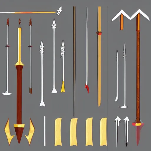 Prompt: arrows, bows, swords, axes, Set of high quality HD sprites, low poly, -H 800 -W 800