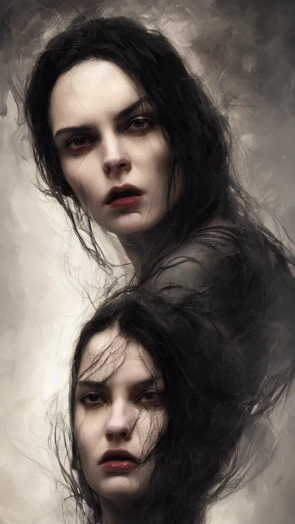 Image similar to Face of a beautiful woman with very black hair, intimidating woman, large black eyes, high forehead, smooth pale skin, ethereal skin, ominous, eldritch. oil painting by nuri iyem, james gurney, james jean, greg rutkowski, highly detailed, soft lighting, chiaroscuro