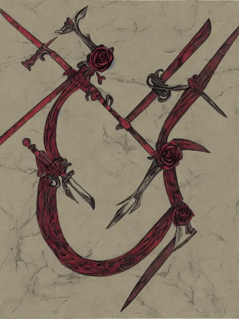 Prompt: Two-headed blade rose colored scythe, the 2 blades faced each other oppositely with each blade attached to the top and the bottom
