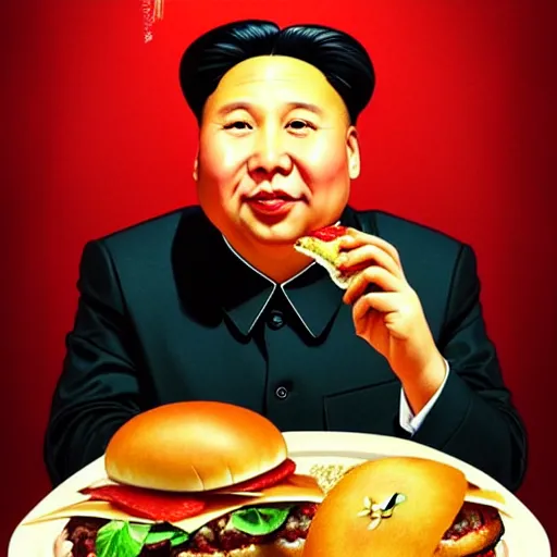 Prompt: portrait of Chairman Mao eating a giant hamburger , extra onions and ketchup, luscious patty with sesame seeds, feminine ethereal, handsome, D&D, fantasy, intricate, elegant, highly detailed, digital painting, artstation, concept art, matte, sharp focus, illustration, art by Artgerm and Greg Rutkowski and Alphonse Mucha