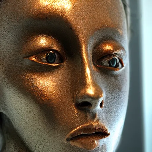 Image similar to The installation art is an abstract portrait of a woman. The woman's face is divided into two halves, one half is black and the other is white. The woman's eyes are large and staring. The installation art is full of energy and movement. copper, patina by Yoshitaka Amano dull