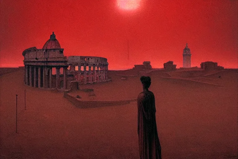 Image similar to only with red, caesar after war, the deal, a red tiger, in hoc signo vinces, rome in background, an ancient path, in the style of beksinski, part by hopper, part by rodcenko, part by hofbauer, intricate composition, red by caravaggio, insanely quality, highly detailed, masterpiece, red light, artstation